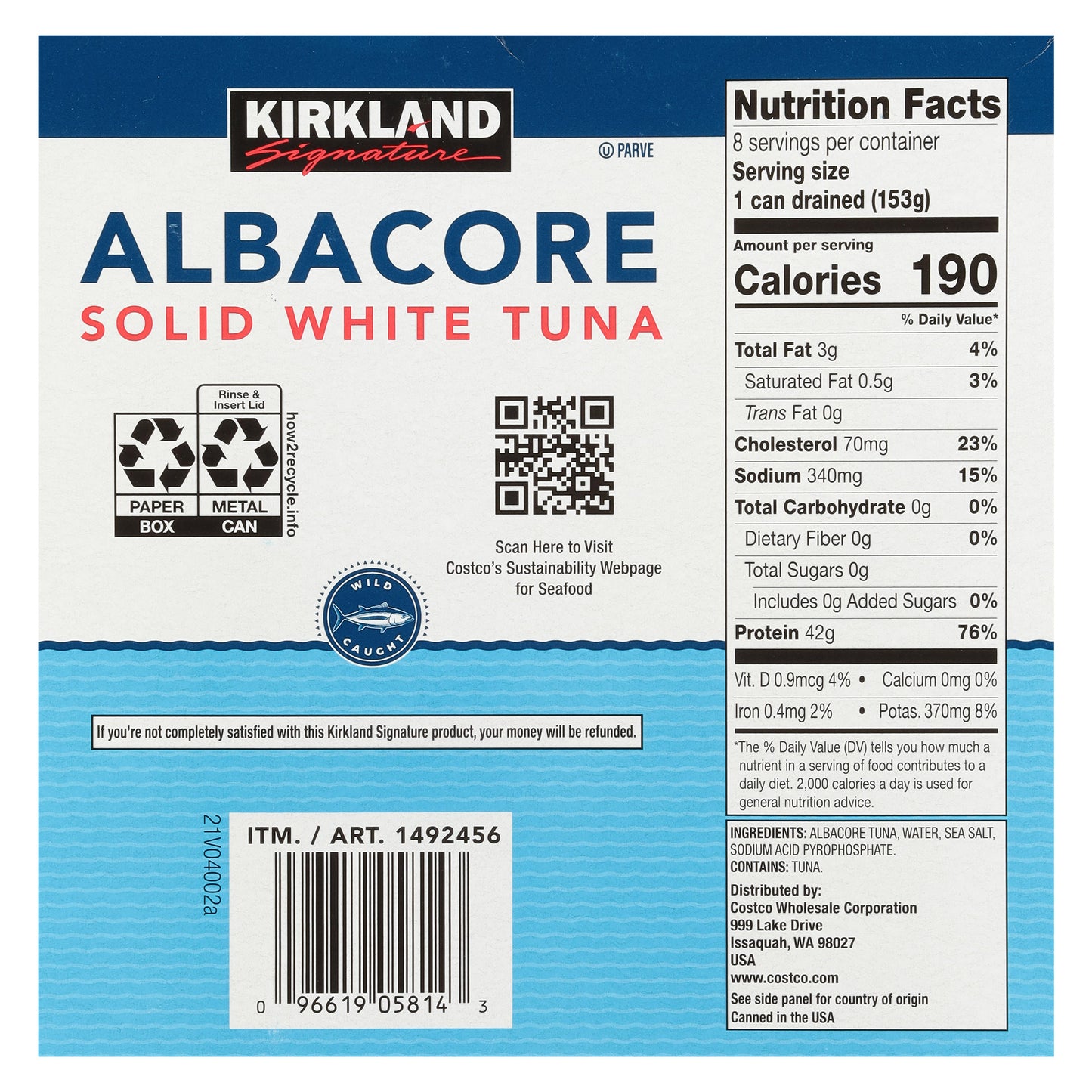 KIRKLAND SIGNATURE SOLID WHITE ALBACORE OIL TUNA 8/7 OZ