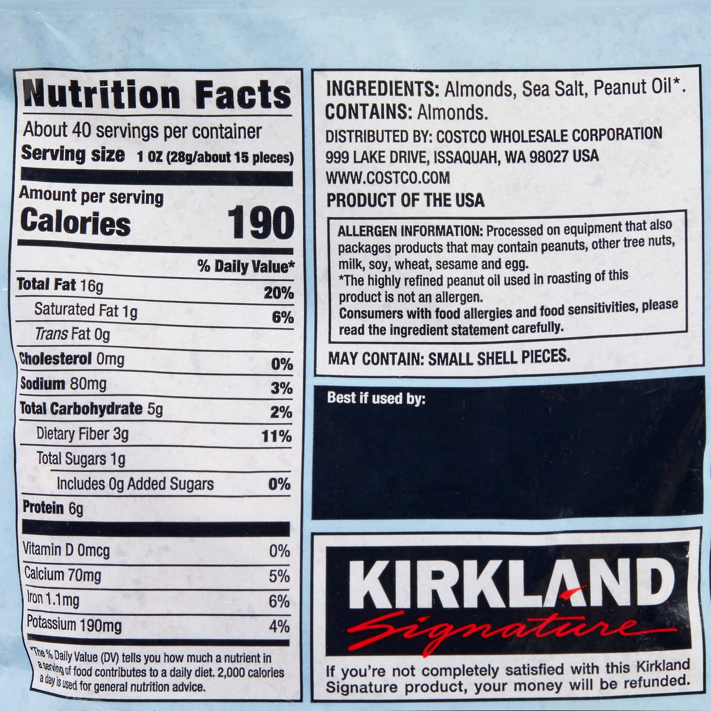 KIRKLAND SIGNATURE OIL ROASTED ALMONDS 40 OZ