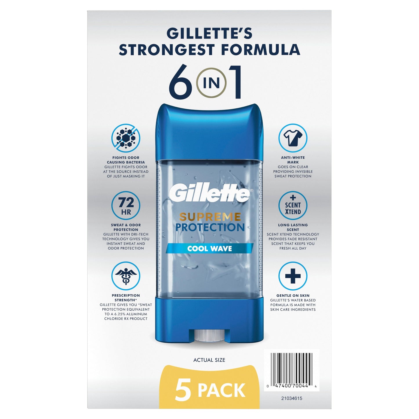 Gillette Supreme Maximum Strength Protection Men's Deodorant Clear Gel Antiperspirant, Cool Wave, 3.8 oz., 5 pk.