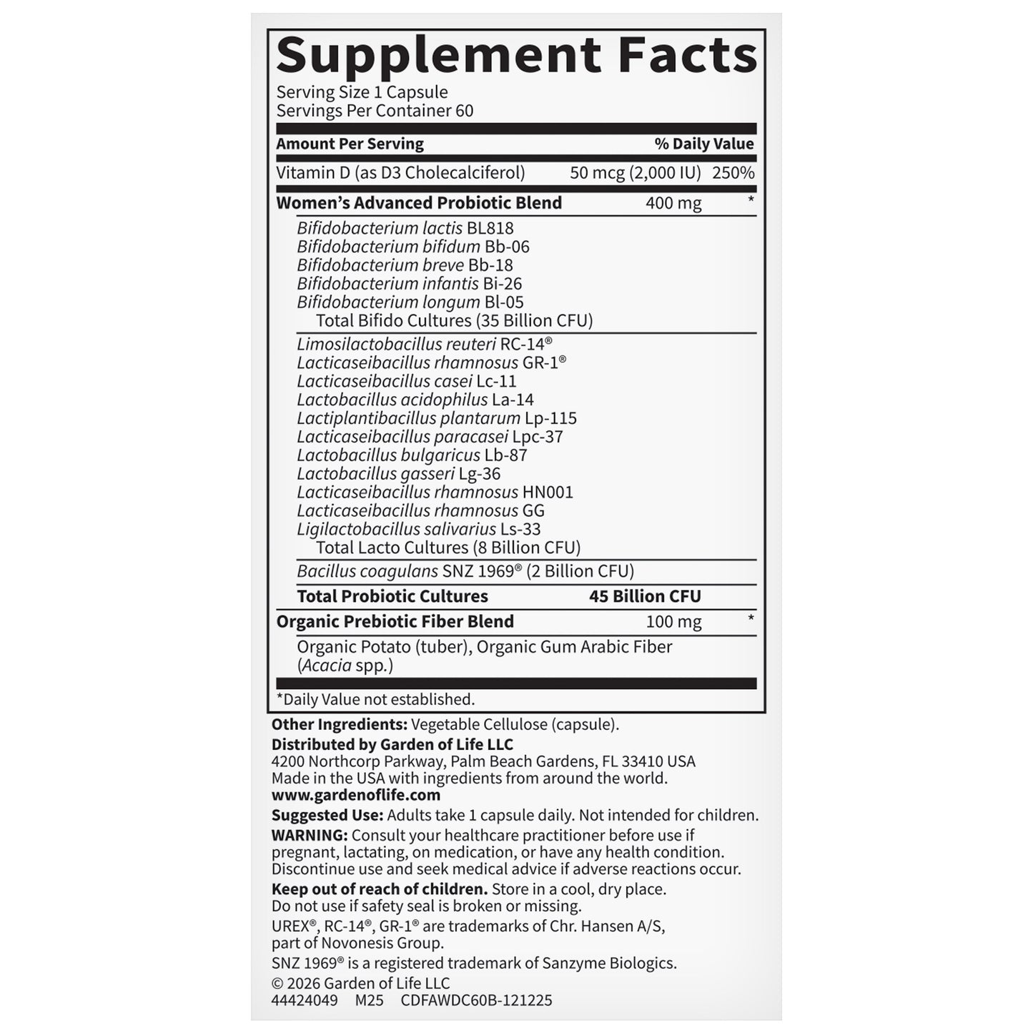GARDEN OF LIFE ADVANCED DAILY WOMENS PROBIOTIC 60 CAPSULES