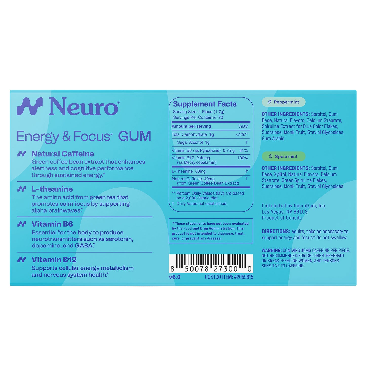 NEURO ENERGY AND FOCUS GUM, MINT VARIETY PEPPERMINT & SPEARMINT