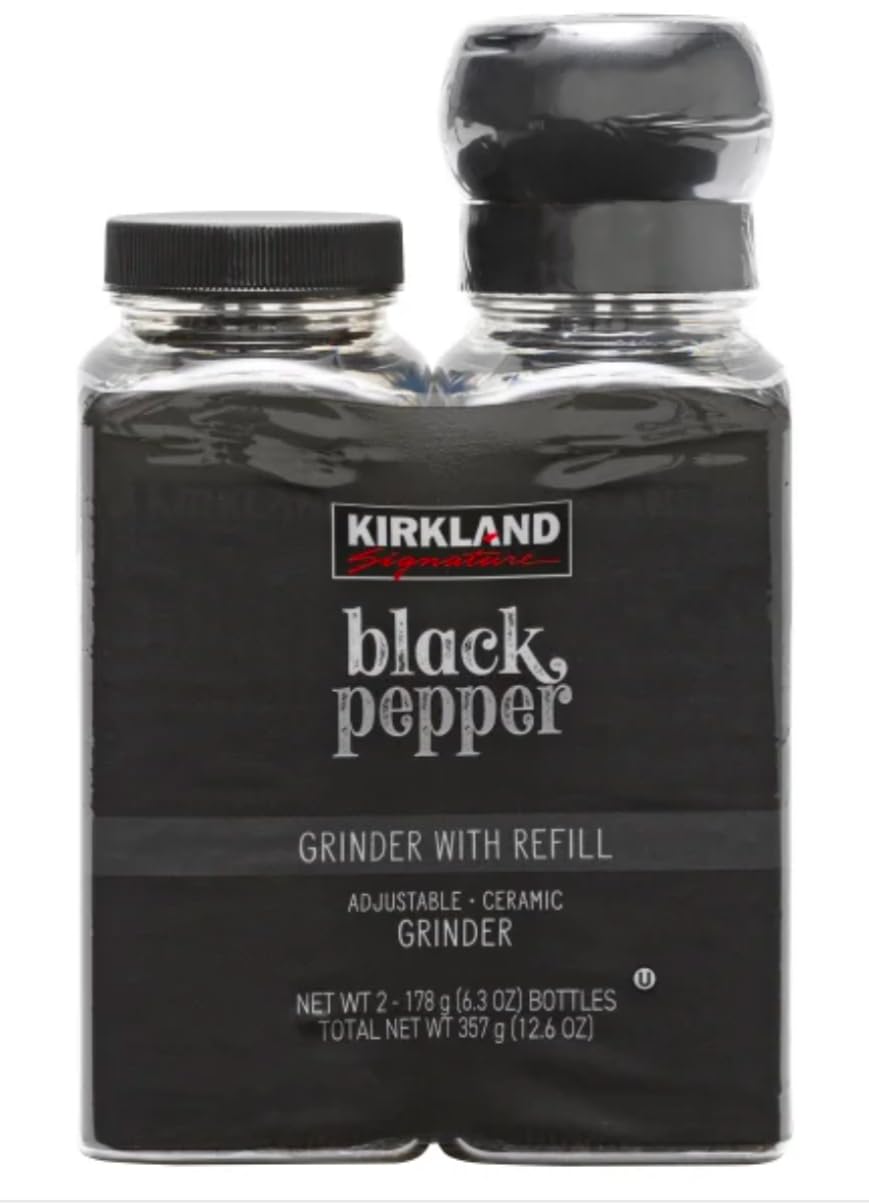 Kirkland Signature Whole Black Peppercorns, Adjustable Ceramic Grinder. 6.3 oz (Pack of 2)