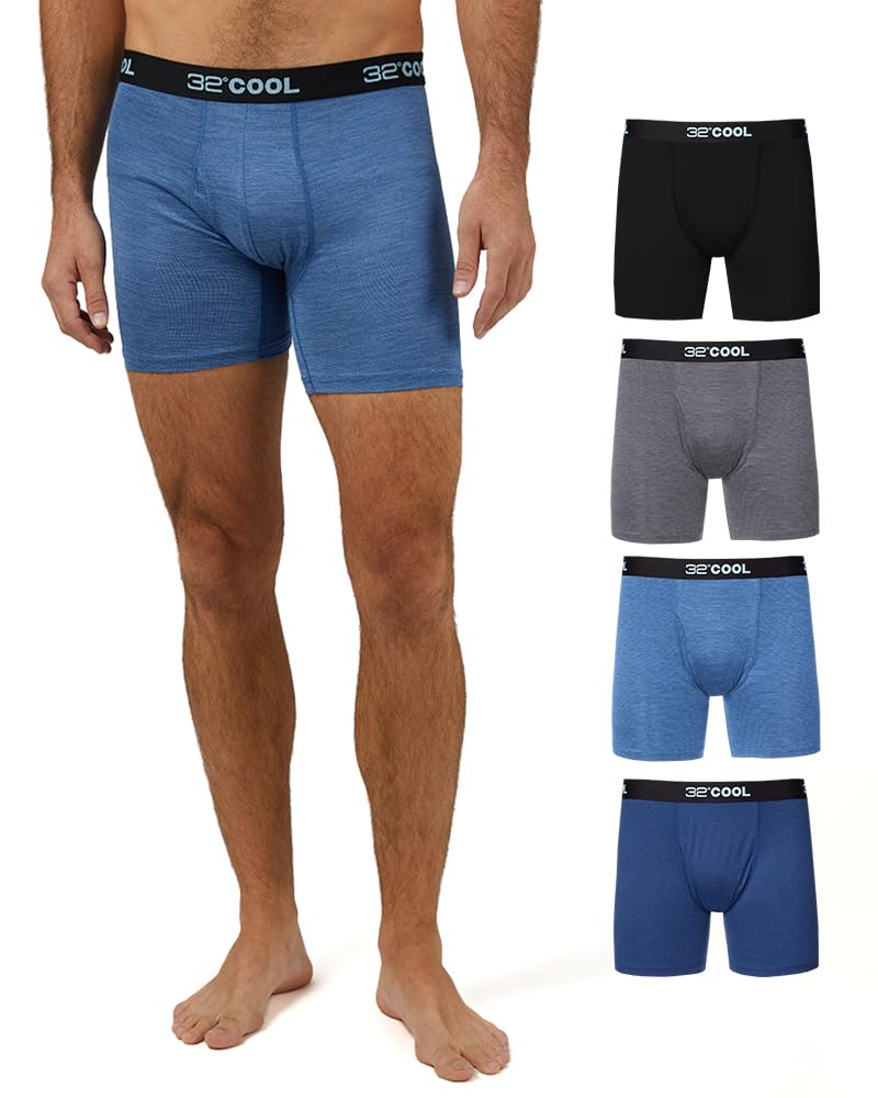 32 Degrees COOL Mens 4-PACK Quick Dry Performance Boxer Brief With Comfort Elastic Waistband, Black/Blue/Denim/Charcoal, XX-Large
