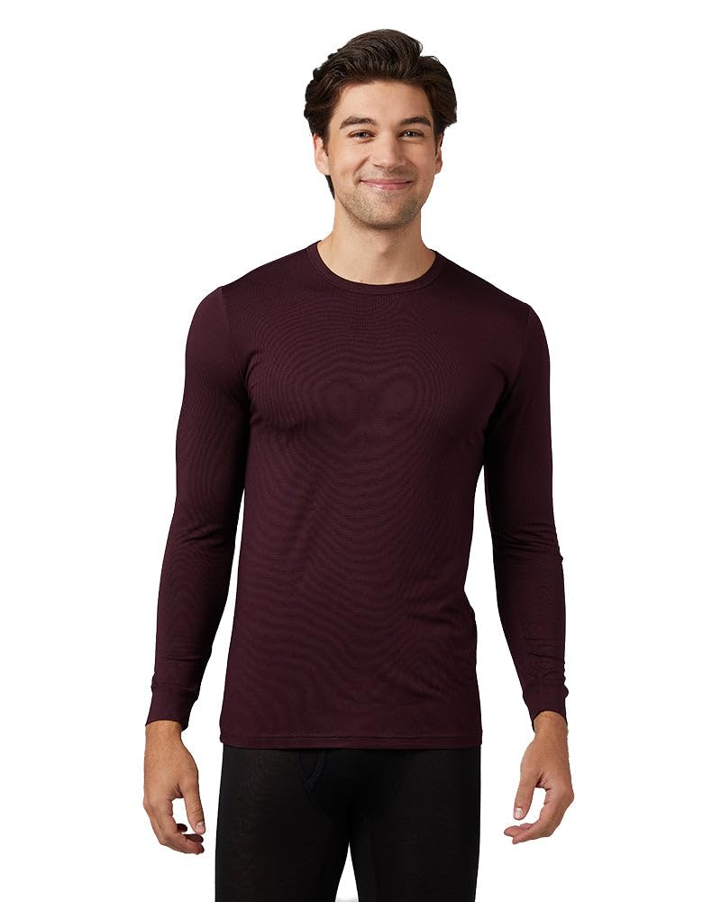 32 Degrees Men's Lightweight Baselayer Crew Top | Form Fitting | Long Sleeve| 4-Way Stretch | Thermal, Burgundy, Small