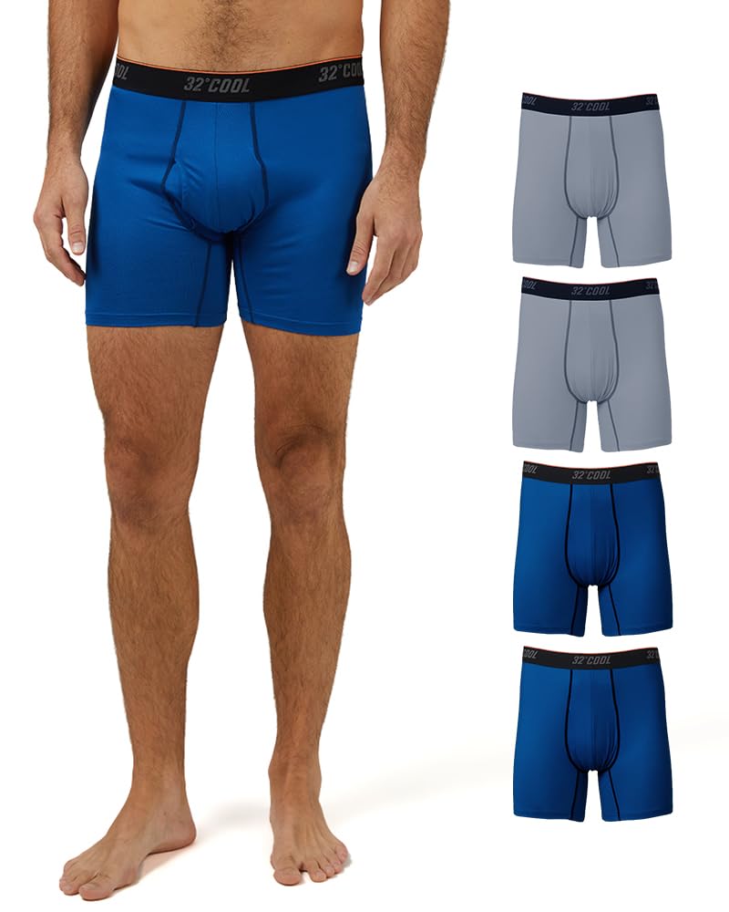 32 Degrees Men 4 Pack Cool Active Boxer Brief | Anti-Odor | Quick Drying | 4-Way Stretch, 2 Cool Grey/2 Emotion Blue, X-Large