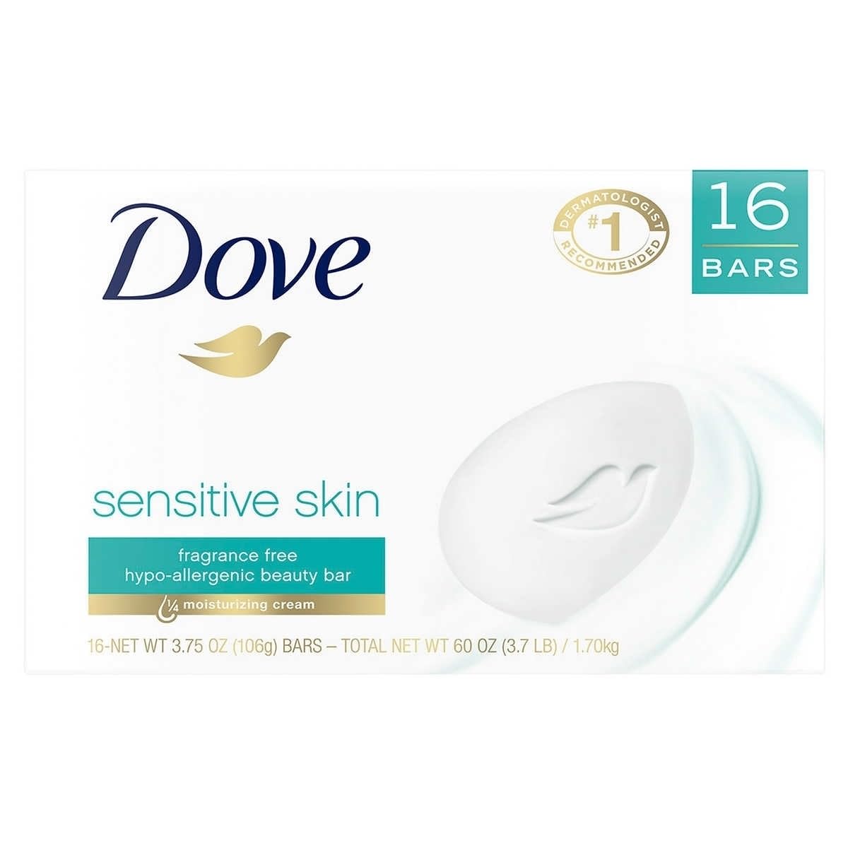 PACK OF 16 BARS Dove Unscented Beauty Soap Bar: SENSITIVE SKIN