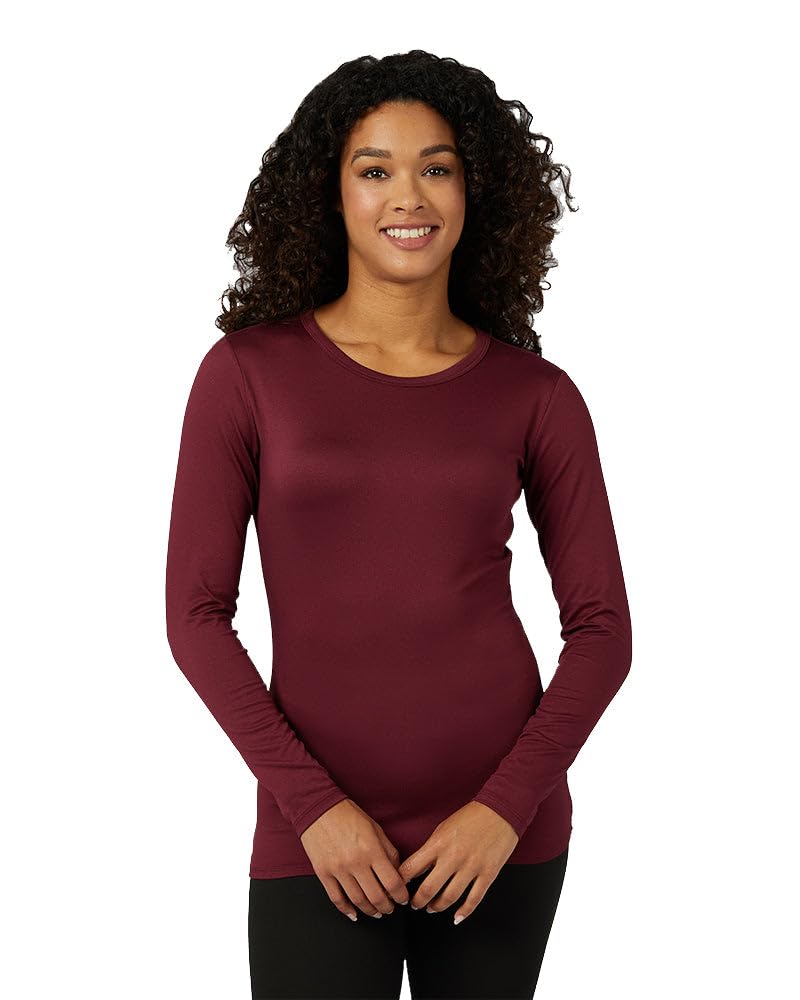 32 Degrees Women's Lightweight Baselayer Crew Top | Form Fitting | Long Sleeve | 4-Way Stretch | Thermal, Maroonish, Large
