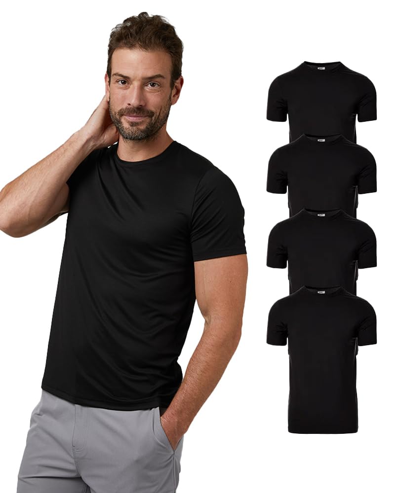 32 Degrees Mens 4 Pack Cool Quick Dry Active Basic Crew T-Shirt, Black, Medium