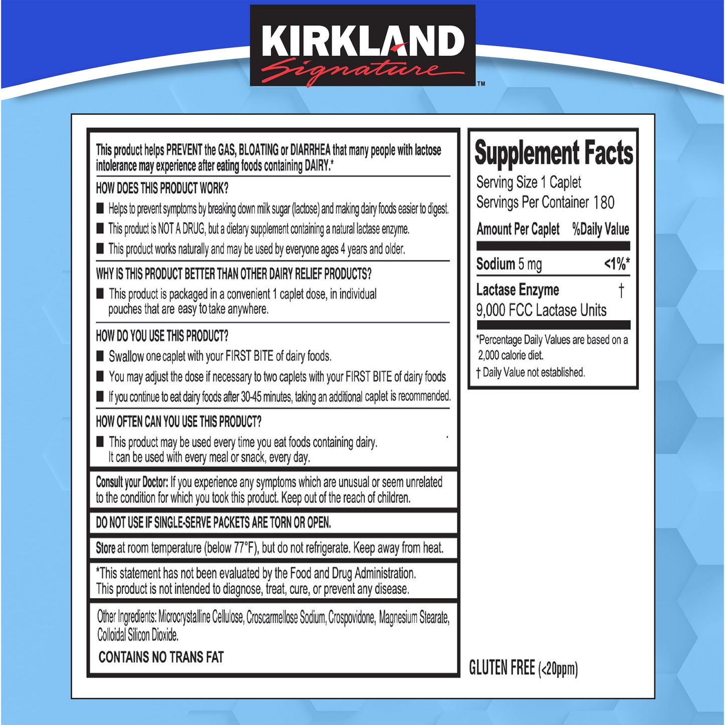 KIRKLAND SIGNATURE FAST ACTING LACTASE CAPLETS 180 COUNT