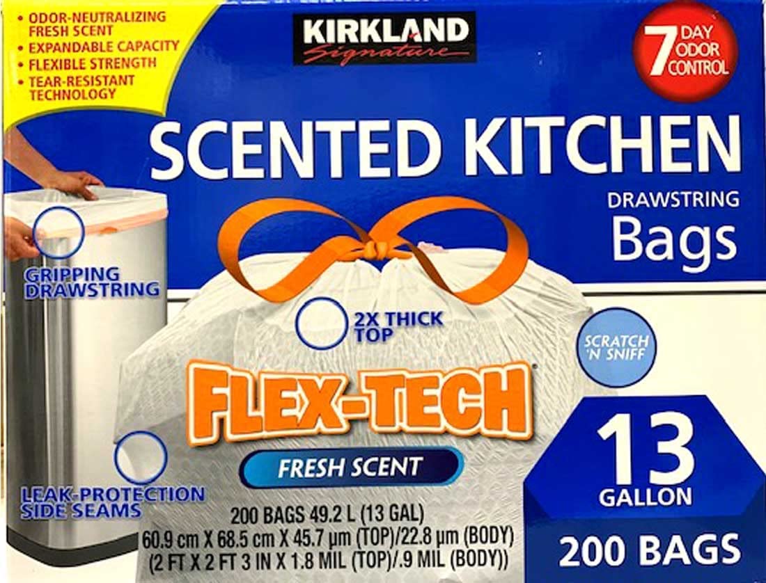 Kirkland Signature Flex-Tech 13-Gallon Scented Kitchen Trash Bags - 200 Count, White, KS-200x|Scent|Bin Bag-WT