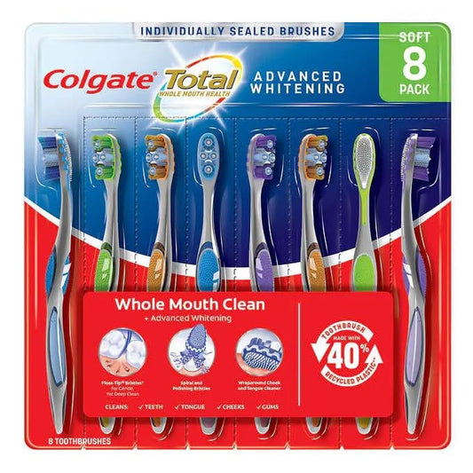 Colgate Total Whole Mouth Health Advanced Whitening, Soft Floss Tip Bristles Wraparound Cheek and Tongue Cleaner Spiral Bristles - 8 Toothbrushes