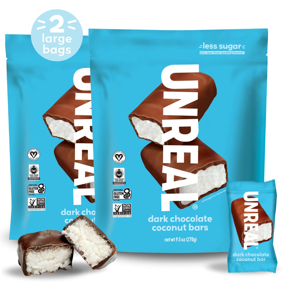 UNREAL Dark Chocolate Coconut Bars (2 Value Size Bags) | Vegan, 3g Sugar, & 3 Simple Ingredients | Non-GMO, Gluten Free, & Fair Trade | 9.5oz each