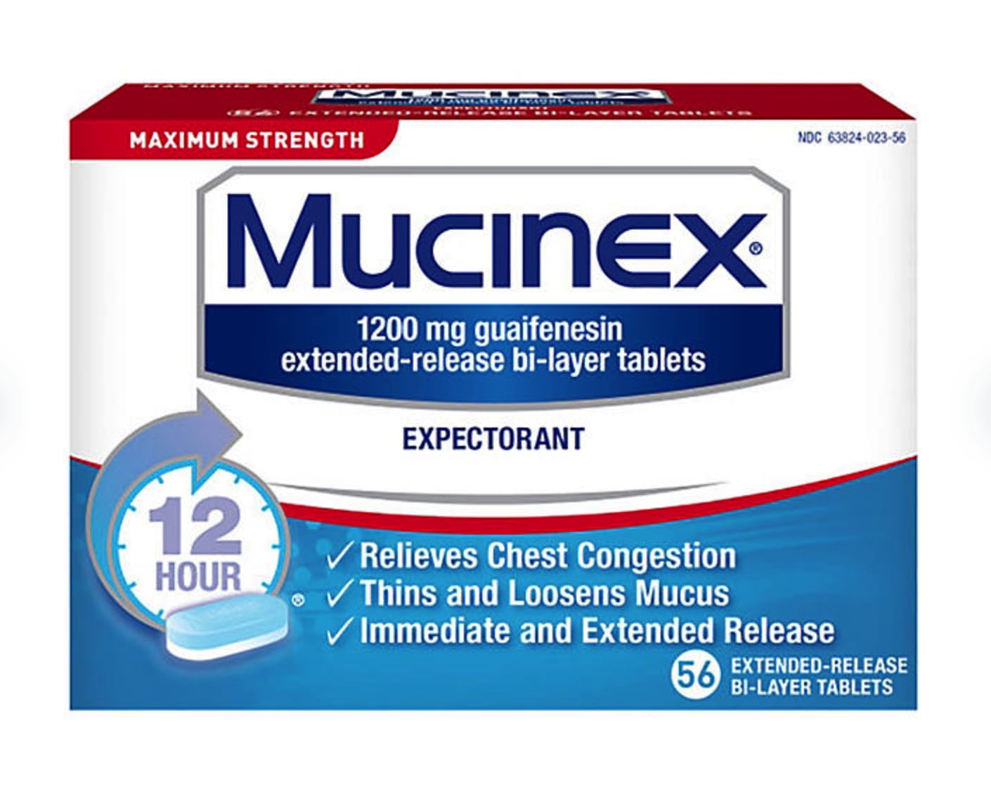 2 Pack of Mucinex 12 Hour 1200mg Maximum Strength Guaifenesin Chest Congestion & Mucus Relief, Guaifenesin Expectorant Aids Mucus Removal, Chest Decongestant for Adults, Dr Recommended, 56 ct Tablets