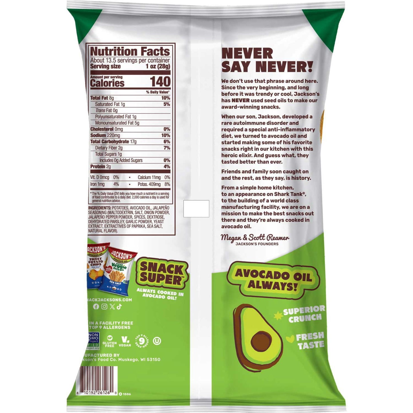 Jackson's Classic Kettle Cooked Potato Chips in Avocado Oil, Spicy Jalapeno 13.5 oz.