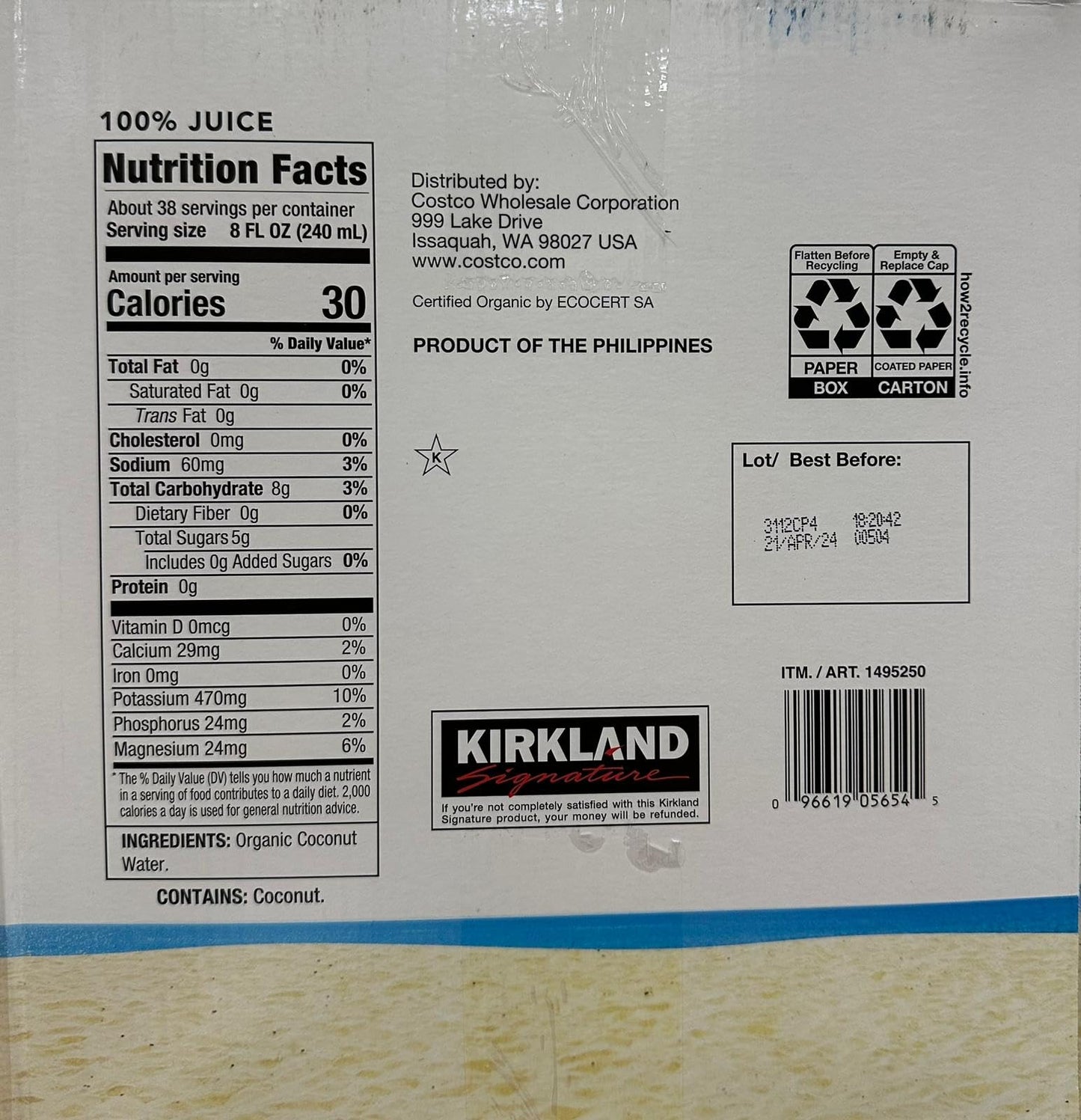 Kirkland Signature Organic Coconut Water, 33.8 Fluid Ounce (Pack of 9)
