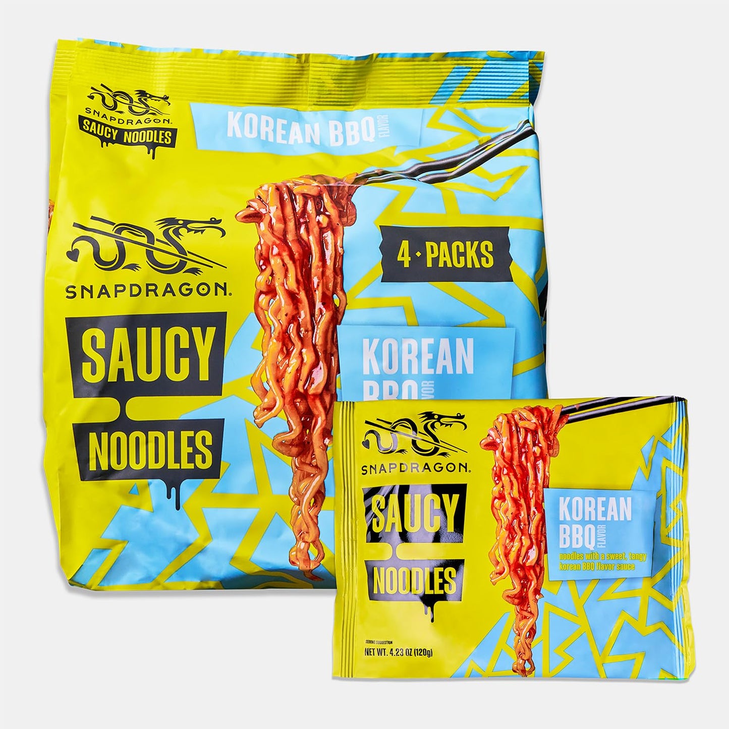 Snapdragon Saucy Instant Noodles with Korean BBQ Slurpable Sauce - Quick Meal, Snack, and Lunch. 4-Pack Microwave Noodles for Cup, Bowl, Ramen or Asian Stir Fry
