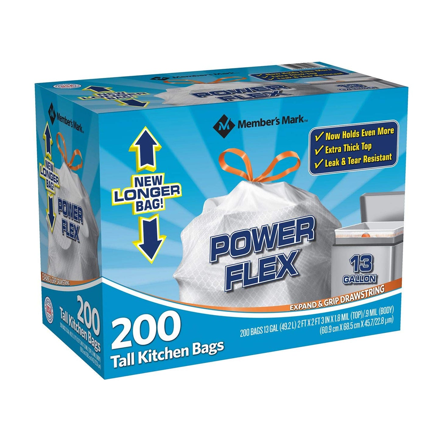 Member's Mark Power Flex Tall Kitchen Drawstring Bags, 200 Count