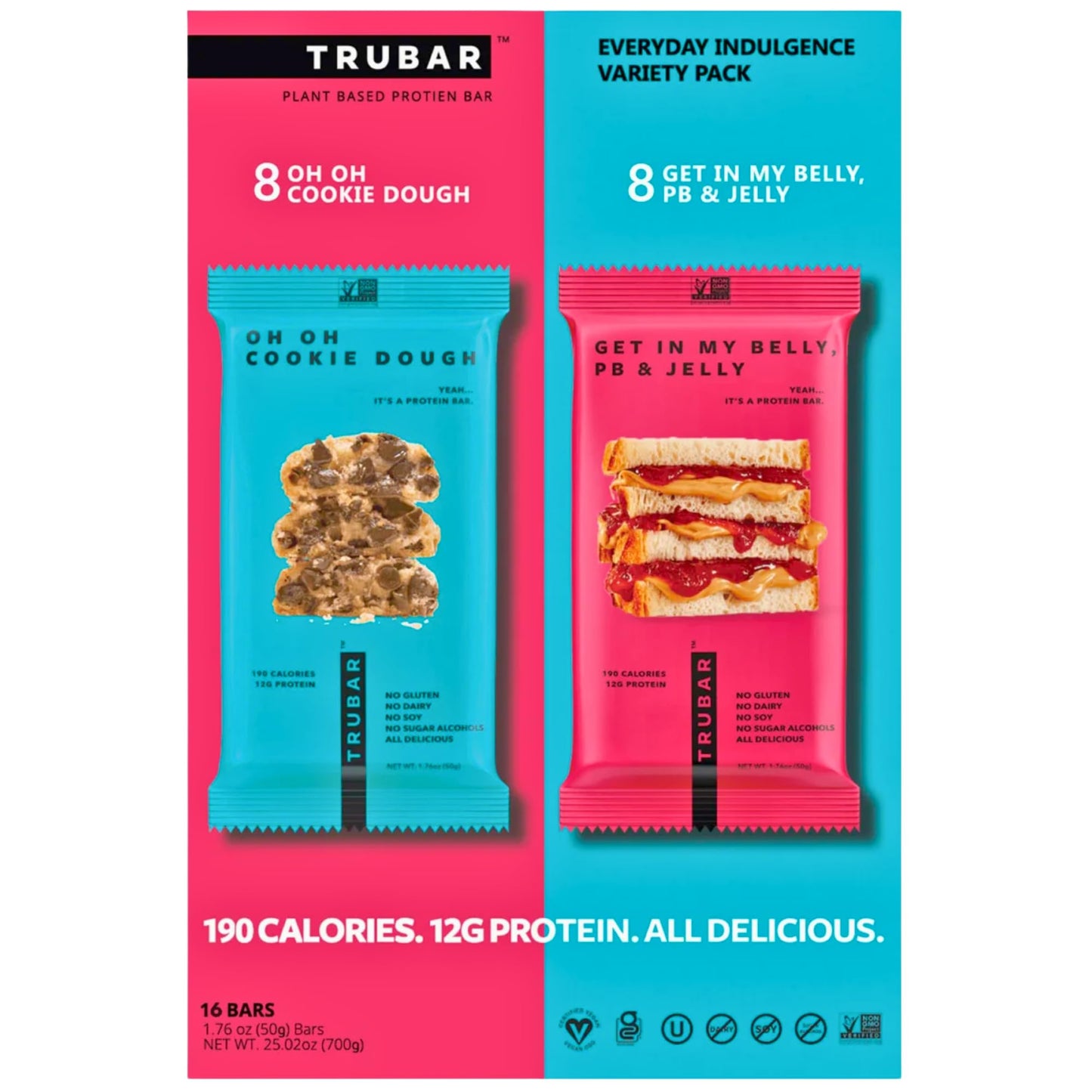 Trubar Truwomen Plant-Based Protein Bar Variety Pack Bundle - Oh Oh Cookie Dough & Get in My Belly & PB & Jelly Flavors - 16 Bars Total- Vegan, Kosher, Soy Free, Dairy Free, No Sugar Alcohols, Gluton Free, NON-GMO, Natural Ingredients - Packed with Mad Ba