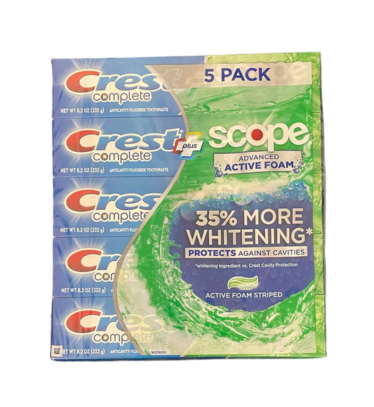 Crest Complete Toothpaste Plus Scope Advanced Active Foam, Striped, 8.2 Ounce (Pack of 5)