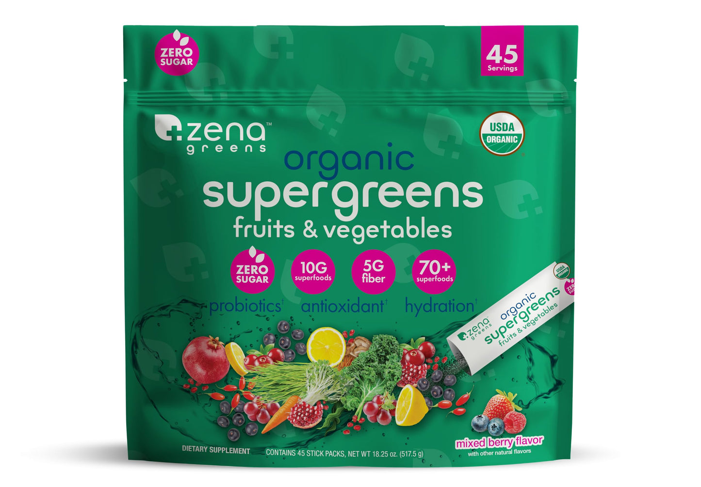 Zena Organic Super Greens Powder, 70+ Superfoods, 0 Sugar, 3G Fiber, Mixed Berry Flavor, 45 Packets
