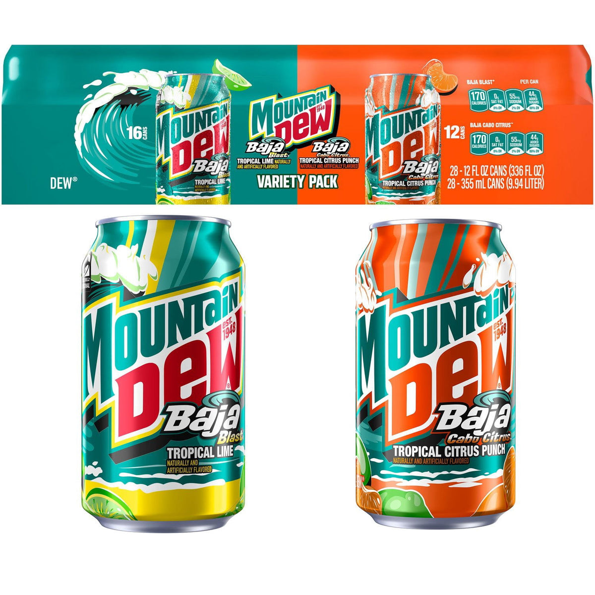 Mountain Dew Baja Blast and Cabo Citrus Variety pack, 12 fl. oz., 28 pk.