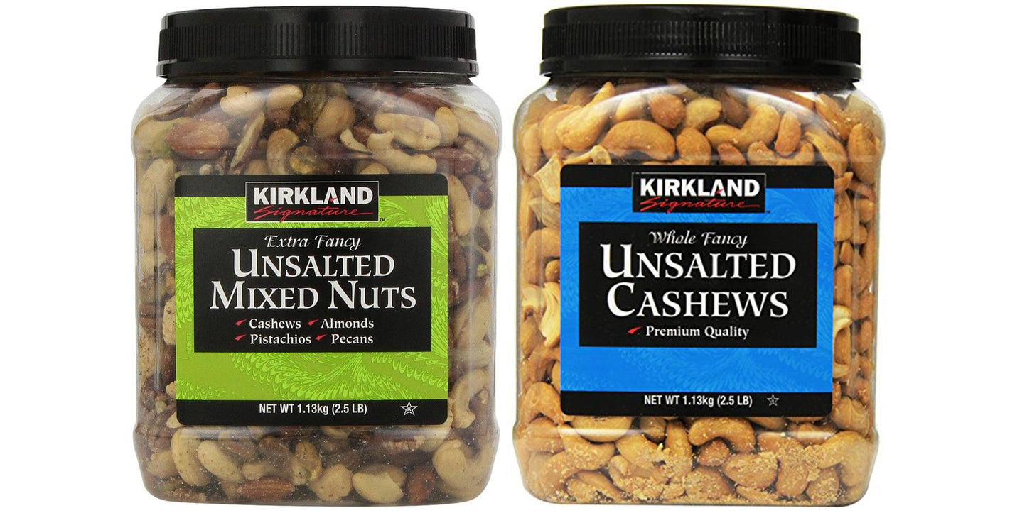 Kirkland Signature Unsalted Mixed Nuts and Unsalted Cashews Bundle - Includes Kirkland Signature Extra Fancy Unsalted Mixed Nuts (2.5 LB) and Whole Fancy Unsalted Cashews (2.5 LB)