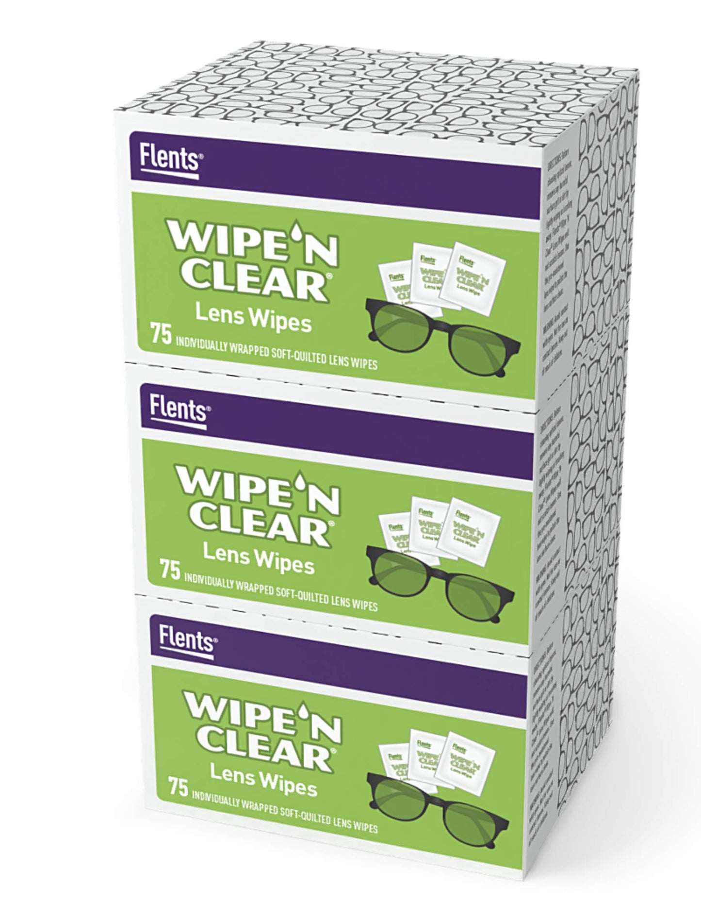 Flents Eyeglass Cleaner Lens Wipes - 225 Count (3 Boxes of 75) Individually Wrapped Pre-Moistened Cleaning Cloths Anti-Streak for Eyeglasses, Sunglasses, Phone Screens, Computer Monitors