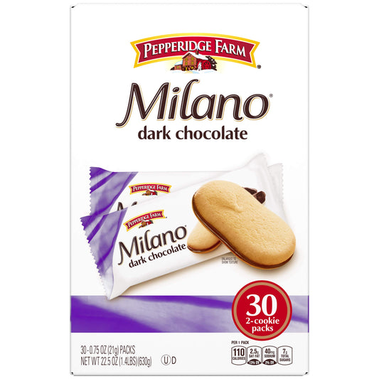 Pepperidge Farm Milano Cookies, Dark Chocolate, 30 Packs Box, 2 Cookies Per Pack