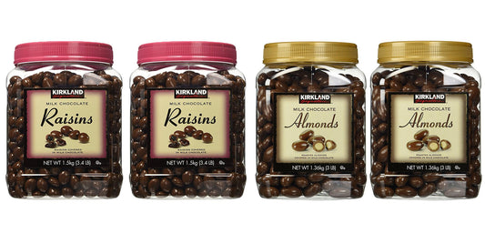 Kirkland Signature Milk Chocolate Raisin and Milk Chocolate Roasted Almonds Bundle - Includes Kirkland Signature Two Milk Chocolate Raisin (3.4 LB) and Two Milk Chocolate Roasted Almonds (3.0 LB )