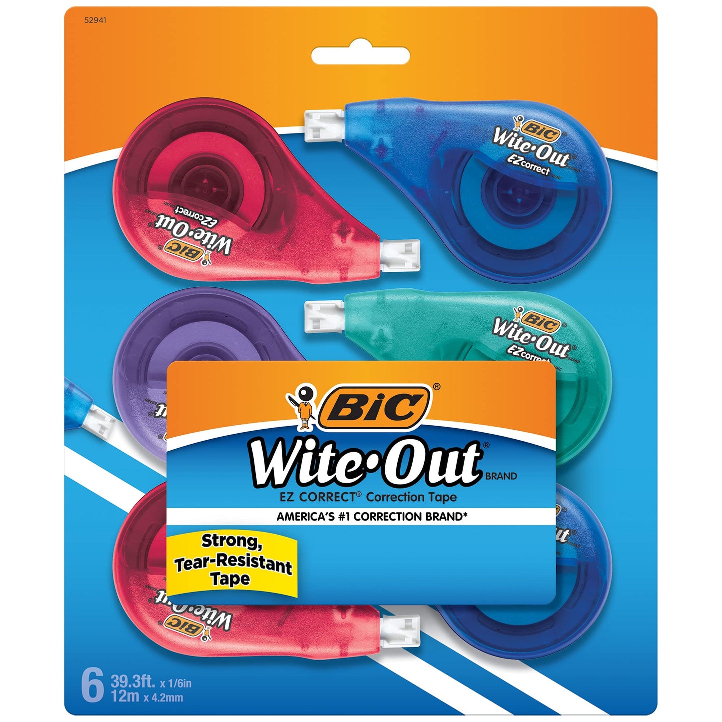 BIC Wite-Out Brand EZ Correct Correction Tape, White, Fast, Clean & Easy To Use, Tear-Resistant Tape, 6-Count