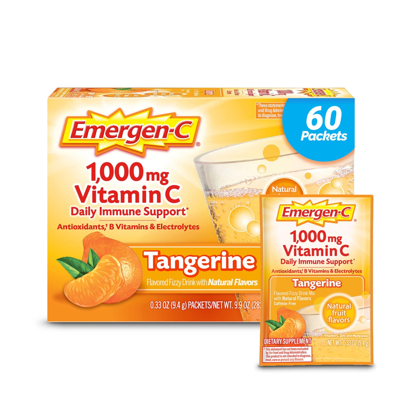 Emergen-C 1000mg Vitamin C Powder, with Antioxidants, B Vitamins and Electrolytes, Vitamin C Supplements for Immune Support, Caffeine Free Drink Mix, Tangerine Flavor - 60 Count/2 Month Supply