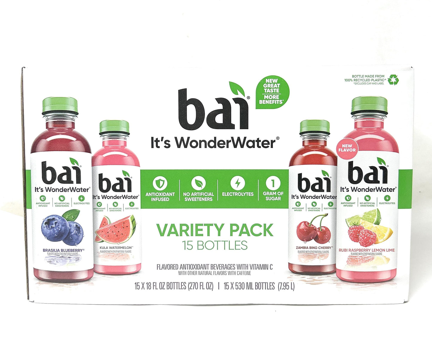 Bai WonderWater Variety Pack, 18oz bottles - pack of 15 (Brasilia Blueberry, Kula Watermelon, Zambia Bing Cherry, Rubi Raspberry Lemon Lime)