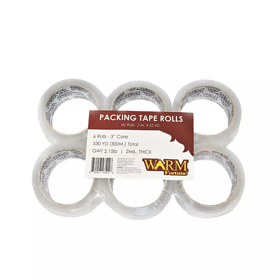 Warm Fortune Carton Sealing Clear Packing Tape Box Shipping, 2"x55 110YD 2.4mil (6 Rolls)