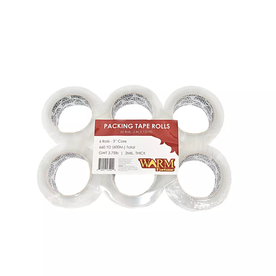 Warm Fortune Carton Sealing Clear Packing Tape Box Shipping, 2"x55 110YD 2.4mil (6 Rolls)
