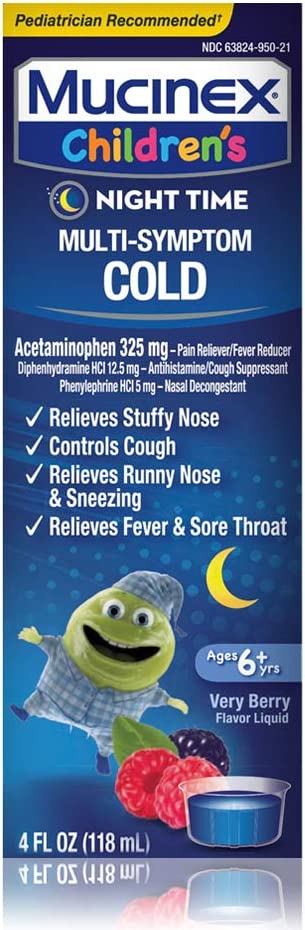 Cold and Fever, Mucinex Children's Multi-Symptom, Night Time Cold Liquid, Mixed Berry, 4oz, Reduces Fever, Controls Cough, Relieves Stuffy Nose, "Packaging May Vary"