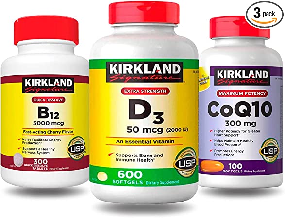 Kirkland Signature – CoQ10 300mg Maximum Potency 100 Softgels + Vitamin D3 2000 IU, 600 Softgels + Vitamin B12 5000 mcg Fast-Acting, Cherry Flavor, 300 Tablets