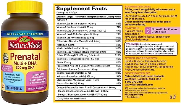 Nature Made Prenatal + Dha 200 mg Dietary Supplement (Netcount 150 Soft Gels), 150Count