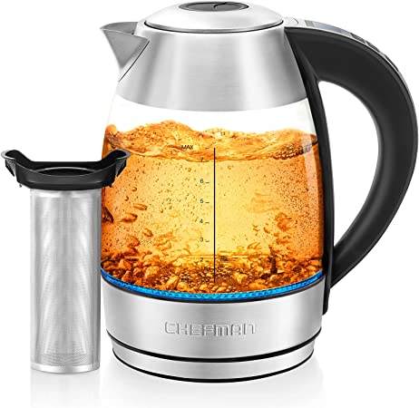 Chefman 1.8L Digital Electric Glass Kettle+ w/ Rapid-Boiling & 7 Presets for Precise Temperature, Stainless Steel Tea Infuser Included,