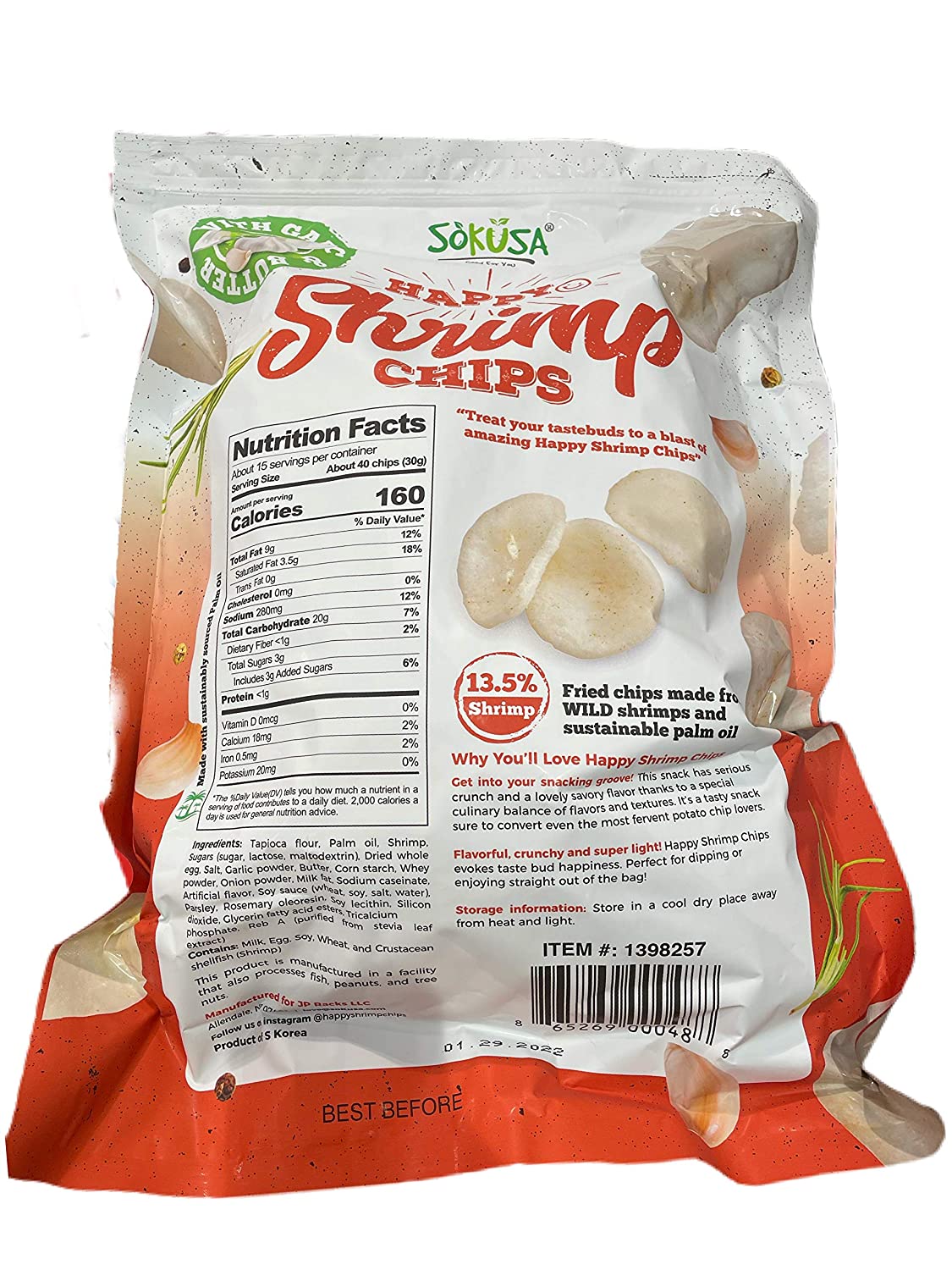 Happy Chips With Garlic & Butter 13.5% Shrimp Family Size, 16 Oz