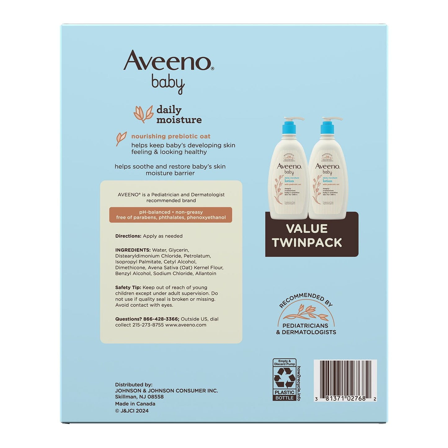 Aveeno Baby Daily Moisture Lotion with Pump, 24hr Protection, 18 fl. oz., 2 pk.