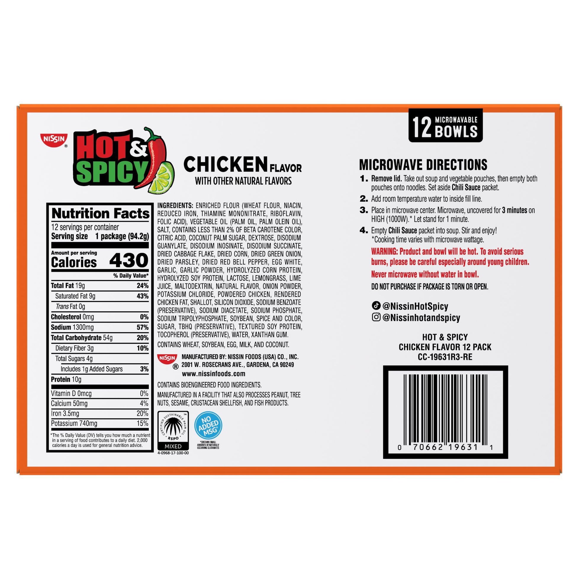 Nissin Hot and Spicy Ramen Noodle Soup Bowl, Chicken Flavor, 3.32 oz., 12 pk.