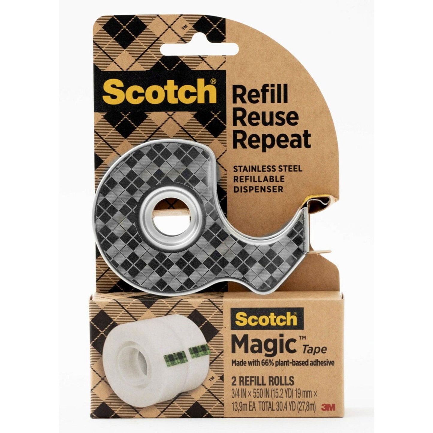 Scotch Stainless Steel Refillable Dispenser and Scotch Magic Tape with 66% Plant Based Adhesive, 0.75" x 550"