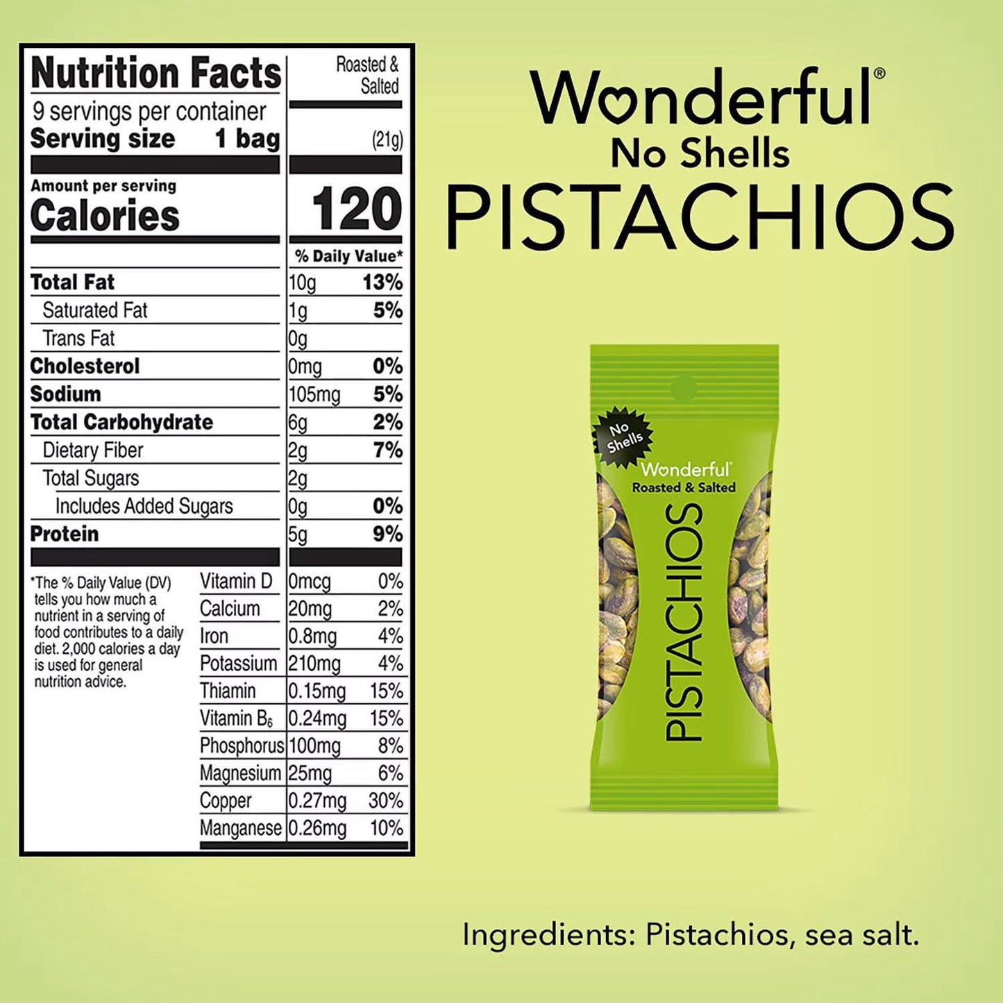 Wonderful Salted & Roasted Pistachios, No Shells, 0.75 oz., 21 pk.