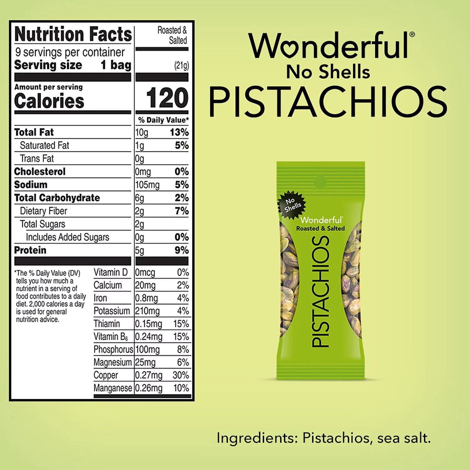 Wonderful Salted & Roasted Pistachios, No Shells, 0.75 oz., 21 pk.