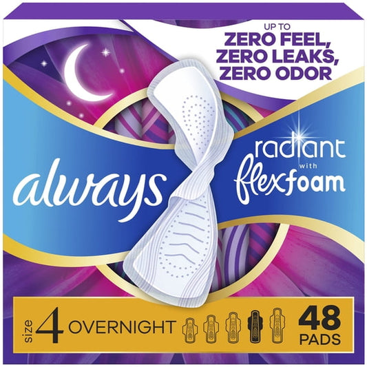 Always Radiant FlexFoam Overnight Pads, Unscented, Size 4, 48 ct.