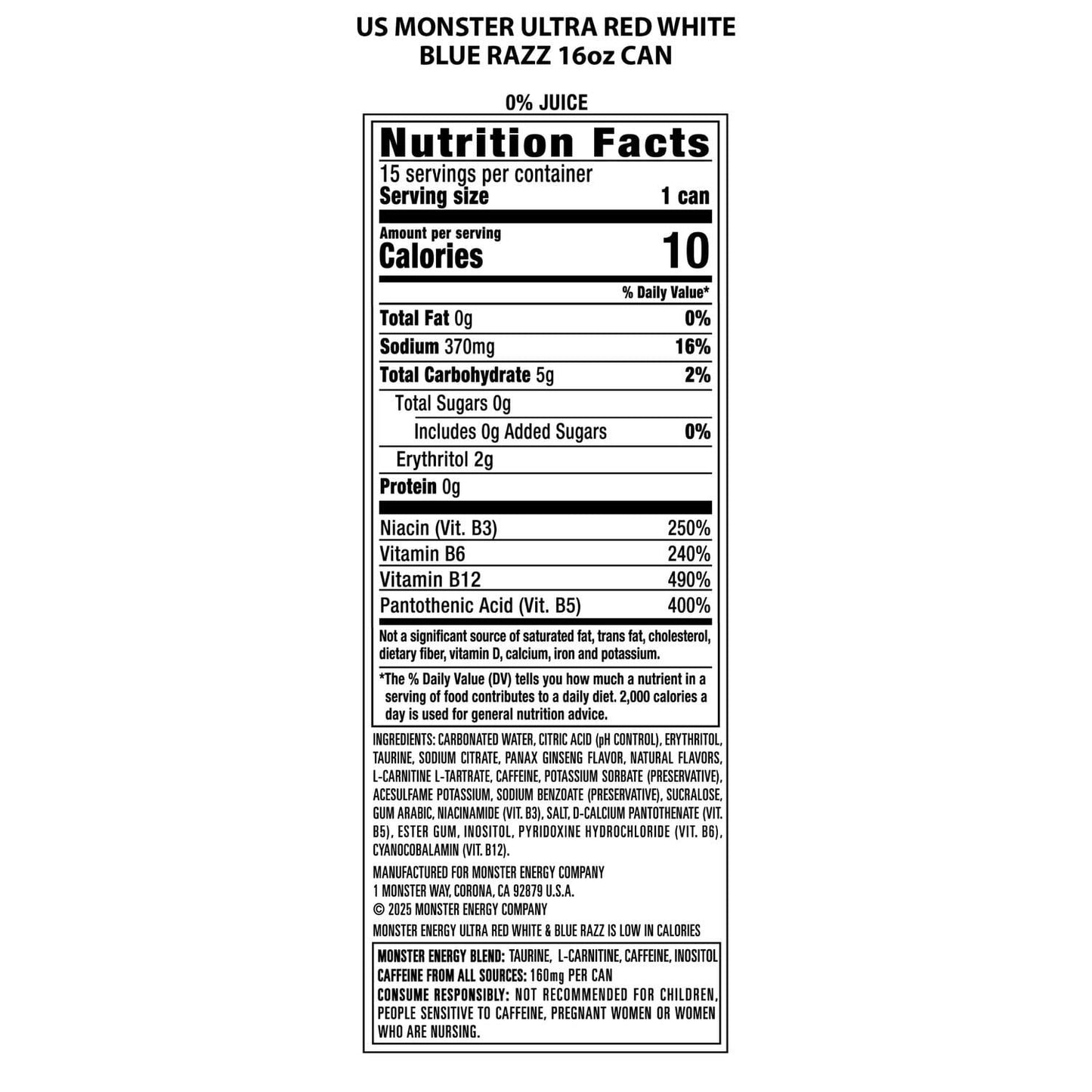 Monster Energy Ultra, Sugar Free Energy Drink, Red White & Blue Razz, 16 fl. oz., 18 pk.