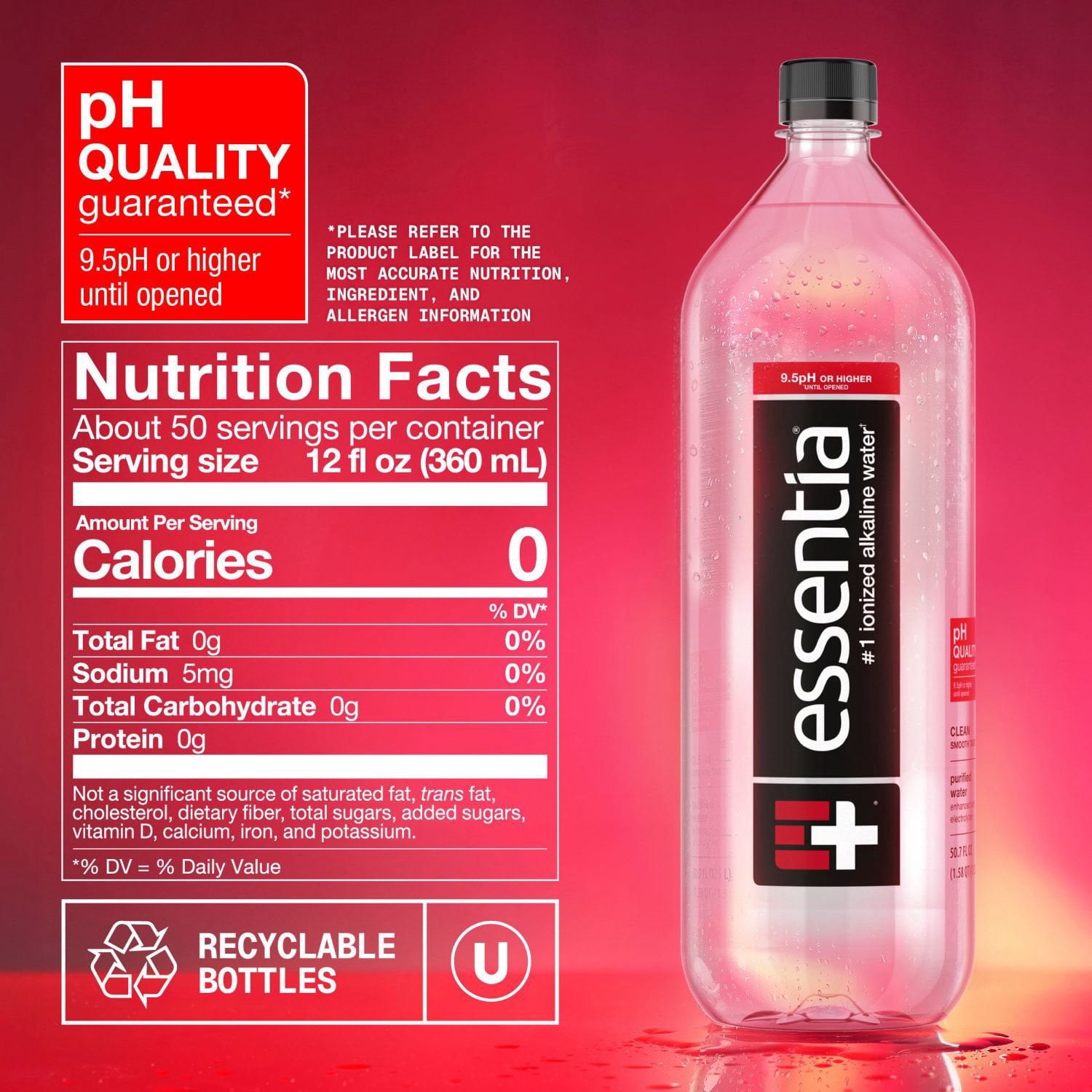 Essentia Bottled Water, Ionized Alkaline Water 1.5 L., 12 pk.