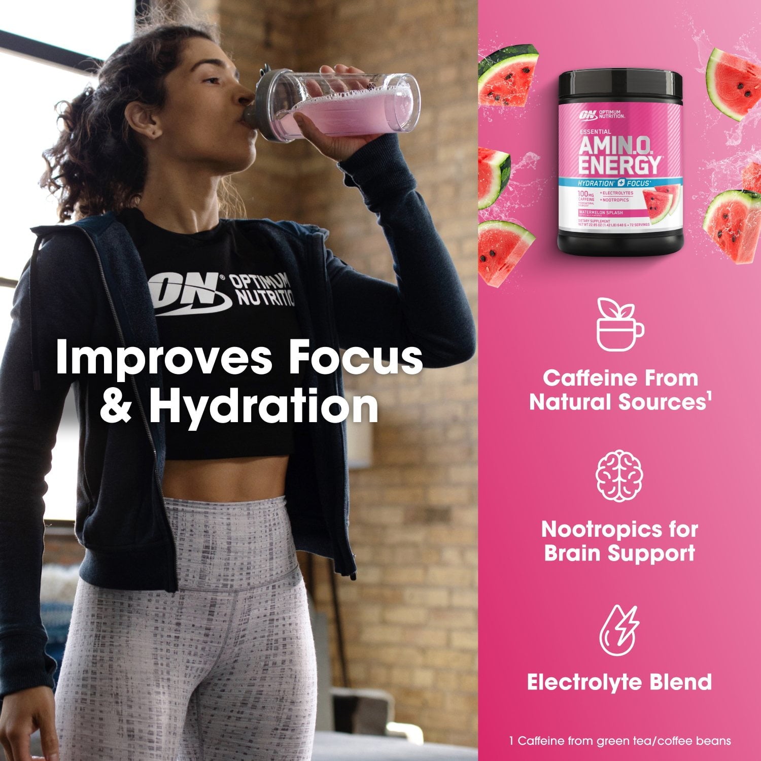 Optimum Nutrition, Amino Energy + Focus, Pre-Workout, Watermelon, 1.42 lbs.