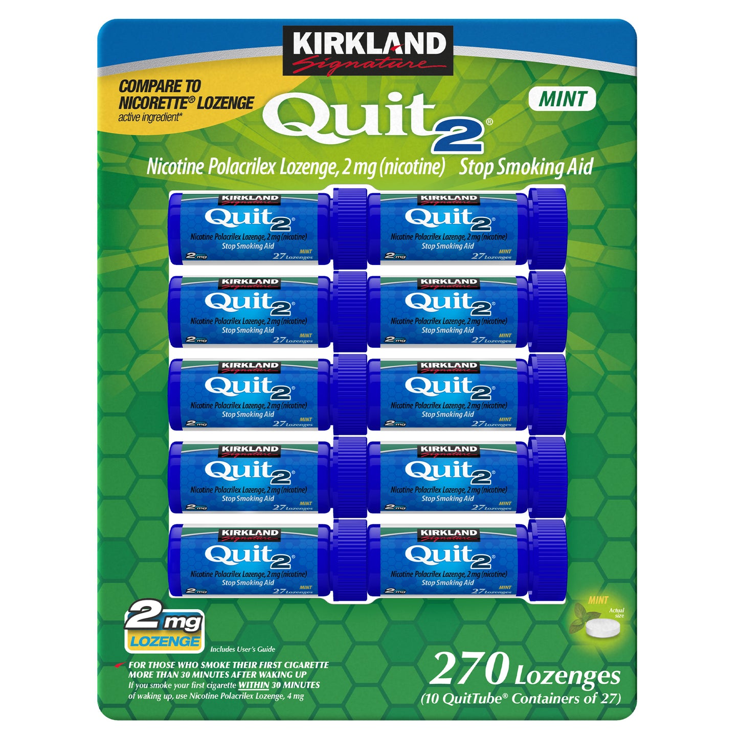 KIRKLAND SIGNATURE QUIT2 2MG LOZENGE MINT 270 COUNT • HSA/FSA ELIGIBLE • NICOTINE POLACRILEX • ACTIVE INGREDIENT