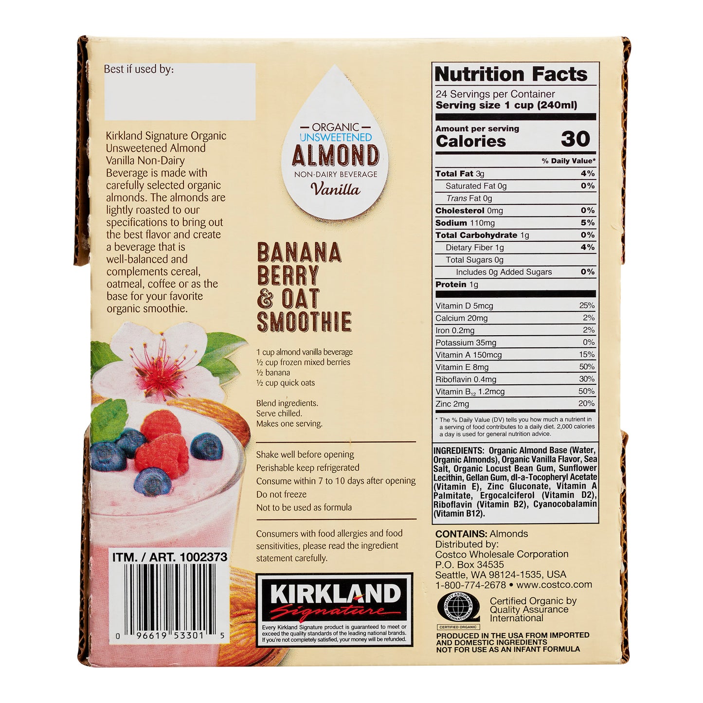 KIRKLAND SIGNATURE ORG ALMOND VANILLA BEVERAGE 6/32 OZ